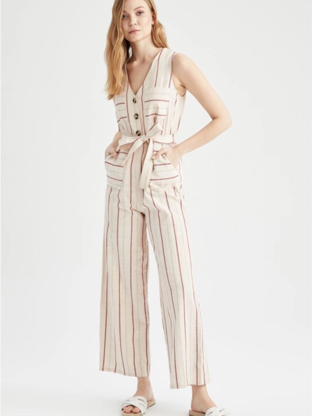 NWT Monteau Striped V Neck Sleeveless Button Front Wide Leg Jumpsuit Small